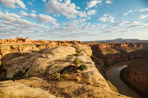 Morning light at campsite at the edge of the green river canyon - CAVF82517