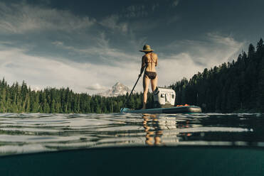 A young woman enjoys a standup paddle board on Lost Lake in Oregon. - CAVF82572