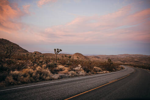 Windige Straße in der Mojave-Wüste des Joshua Tree National Park bei Sonnenuntergang - CAVF82856