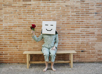 Woman holding red rose, wearing cardboard box with happy face, sitting on bench in front of brick wall - AFVF06332