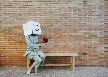 Woman wearing cardboard box with happy face, holding red rose, sitting on bench - AFVF06337