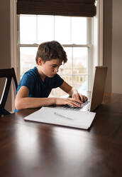 Tween boy working on his homework on a laptop commuter at home. - CAVF83077