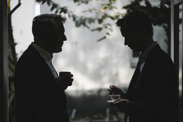 Silhouette of two businessmen drinking coffee together - GUSF03817