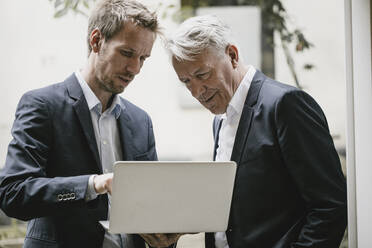 Two businessmen standing in office, using laptop - GUSF03820