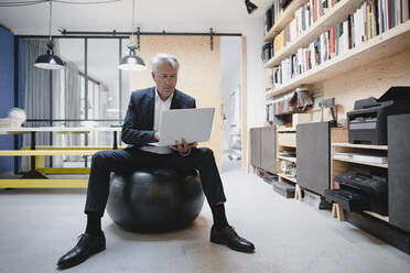 Älterer Geschäftsmann sitzt auf einem Fitnessball und benutzt einen Laptop - GUSF03929
