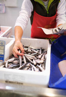 Junge Frau arbeitet in einem Fischgeschäft und bereitet blauen Fisch für den Verkauf an ihre Kunden vor - CAVF83267