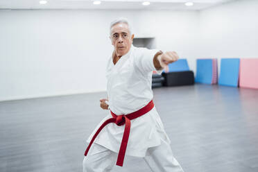 Älterer Karate-Meister bei der Ausführung von Kampftechniken - CAVF83356