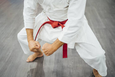 Älterer Karate-Meister bei der Ausführung von Kampftechniken - CAVF83363