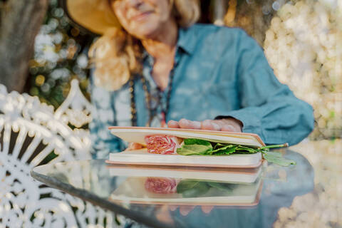 Ältere Frau drückt Rosenblüte zwischen Buchseiten, lizenzfreies Stockfoto