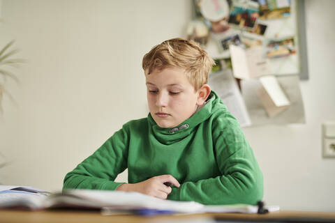 Boy studying at home stock photo