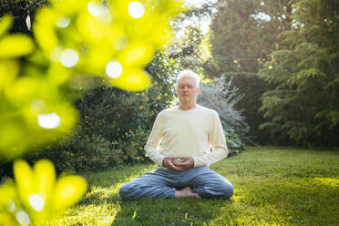 Senior man meditating in garden - AFVF06394