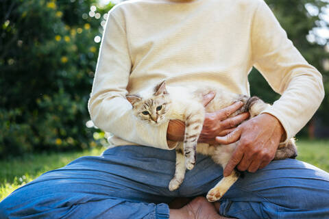 Älterer Mann kuschelt mit seiner Katze im Garten, lizenzfreies Stockfoto