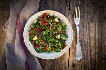 Schüssel mit veganem Linsensalat mit Gurken, Paprika und Petersilie - LVF08921