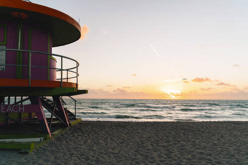 Lifeguard hut at Miami beach against sky during sunrise, Florida, USA - GEMF03787