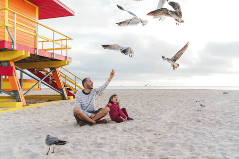 Father sitting with daughter feeding seagulls at Miami beach against sky, Florida, USA - GEMF03794