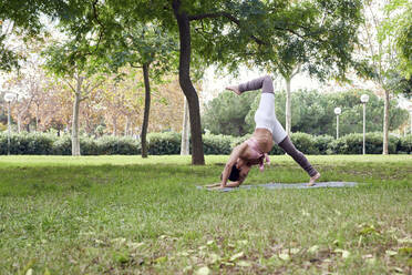 Mittlere erwachsene Frau übt Yoga auf einer Matte im Park - JNDF00155