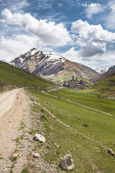 Georgia, Svaneti, Ushguli, Dirt road leading to medieval mountain village - WVF01711