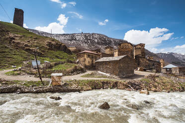Georgia, Svaneti, Ushguli, Medieval village on bank of Enguri River - WVF01714