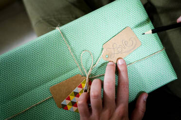 Hand holding tag with the word 'Love' on wrapped gift - GIOF08323