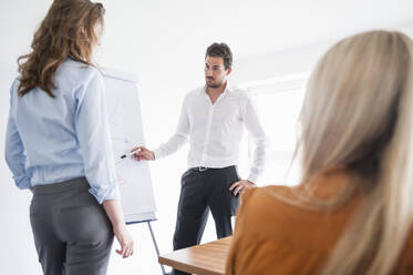 Male professional giving presentation on flipchart to female colleagues in board room - DIGF12681