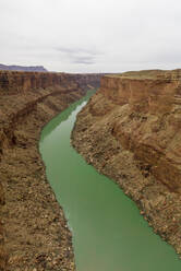 Luftaufnahme des Colorado River, der eine grüne Linie durch die De - CAVF83748