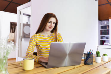 Smiling young woman using laptop on desk at home during curfew - AFVF06465