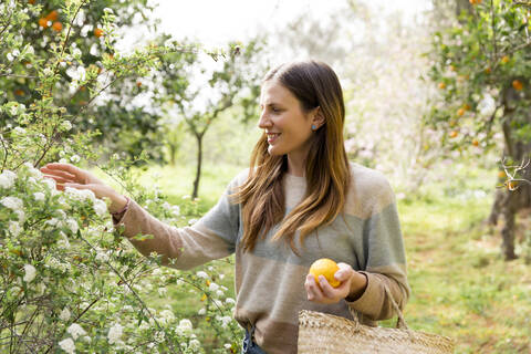 Lächelnde Frau, die weiße Blumen auf einem Bauernhof berührt, lizenzfreies Stockfoto