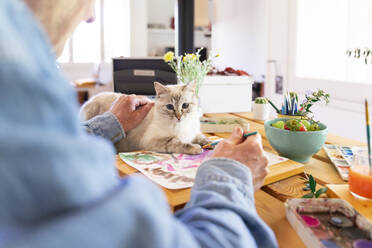 Älterer Mann streichelt Katze beim Malen auf Papier zu Hause - AFVF06511