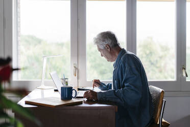 Älterer Mann mit Taschenrechner und Laptop zu Hause - AFVF06540