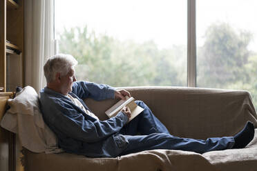 Älterer Mann liest ein Buch und entspannt sich auf dem Sofa am Fenster - AFVF06561