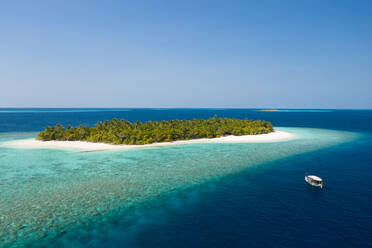 Luftaufnahme einer kleinen, von türkisfarbenem Wasser umgebenen Insel in der Nordprovinz, Malediven - AAEF08700