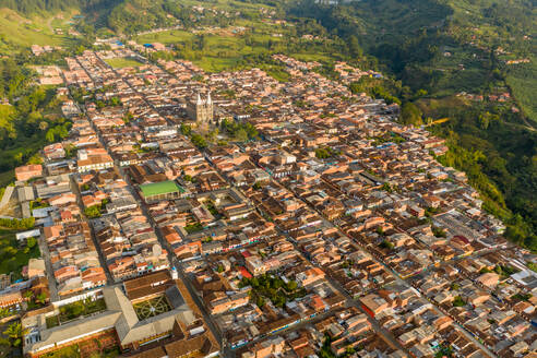 Aerial view of the city of Jardin with a church in the background, Antioquia, Colombia - AAEF08764