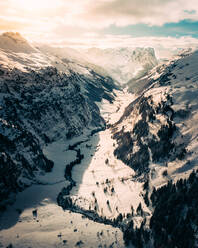 Aerial view of Melch See Frutt, Swiss skiing resort, Switzerland - AAEF08869