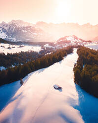 Aerial view of Amden and tradition Swiss hut, Switzerland - AAEF08879