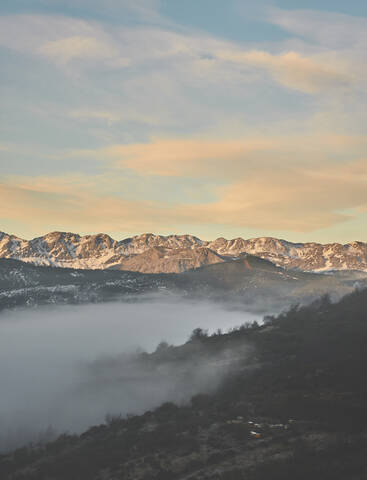 Scenic view of rocky mountains against sky during sunrise, Leon, Spain stock photo