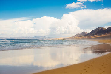 Blick entlang eines Sandstrandes auf Fuerteventura an einem bewölkten Tag. - ISF24186