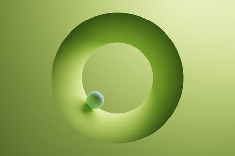 Three dimensional render of small sphere inside green ring stock photo