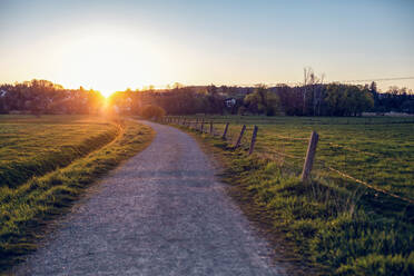 Germany, Bavaria, Neusaess, Countryside dirt road at sunset - MAMF01266