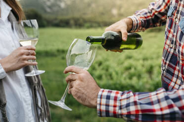 Man serving white wine in glass while standing with woman at vineyard - JRFF04491