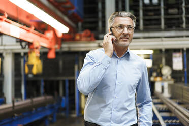 Mature businessman on the phone in a factory - MOEF03007