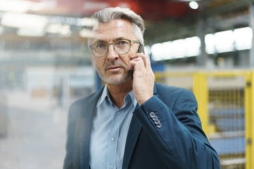 Porträt eines reifen Geschäftsmannes am Telefon in einer Fabrik - MOEF03013
