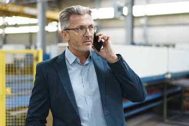 Reifer Geschäftsmann am Telefon in einer Fabrik - MOEF03015