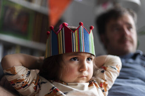Portrait of angry little girl celebrating birthday - VABF03015