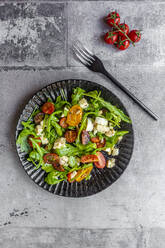 Plate of low carb vegetarian salad with arugula, tomatoes, nuts and Mozzarella cheese - SARF04596