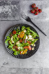 Teller mit vegetarischem Low-Carb-Salat mit Rucola, Tomaten, Nüssen und Mozzarella - SARF04596