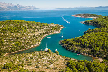 Aerial view of the bay shore with boats in Novo Selo, Croatia - AAEF09058