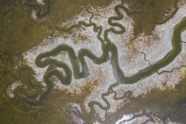 Luftaufnahme der seltsamen grünen Wasserwege im Sumpfgebiet der SF Bay - CAVF84746