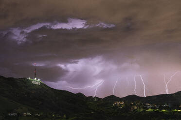 Lightning Strike Silhouetting The Hollywood Sign in Los Angeles - CAVF84773