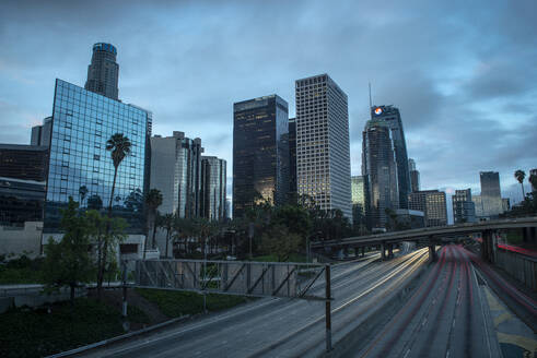 Aerial nighttime shots over downtown los angeles - CAVF84785