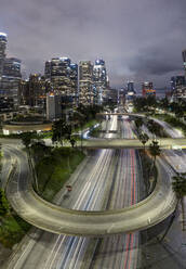 Aerial nighttime shots over downtown los angeles - CAVF84798